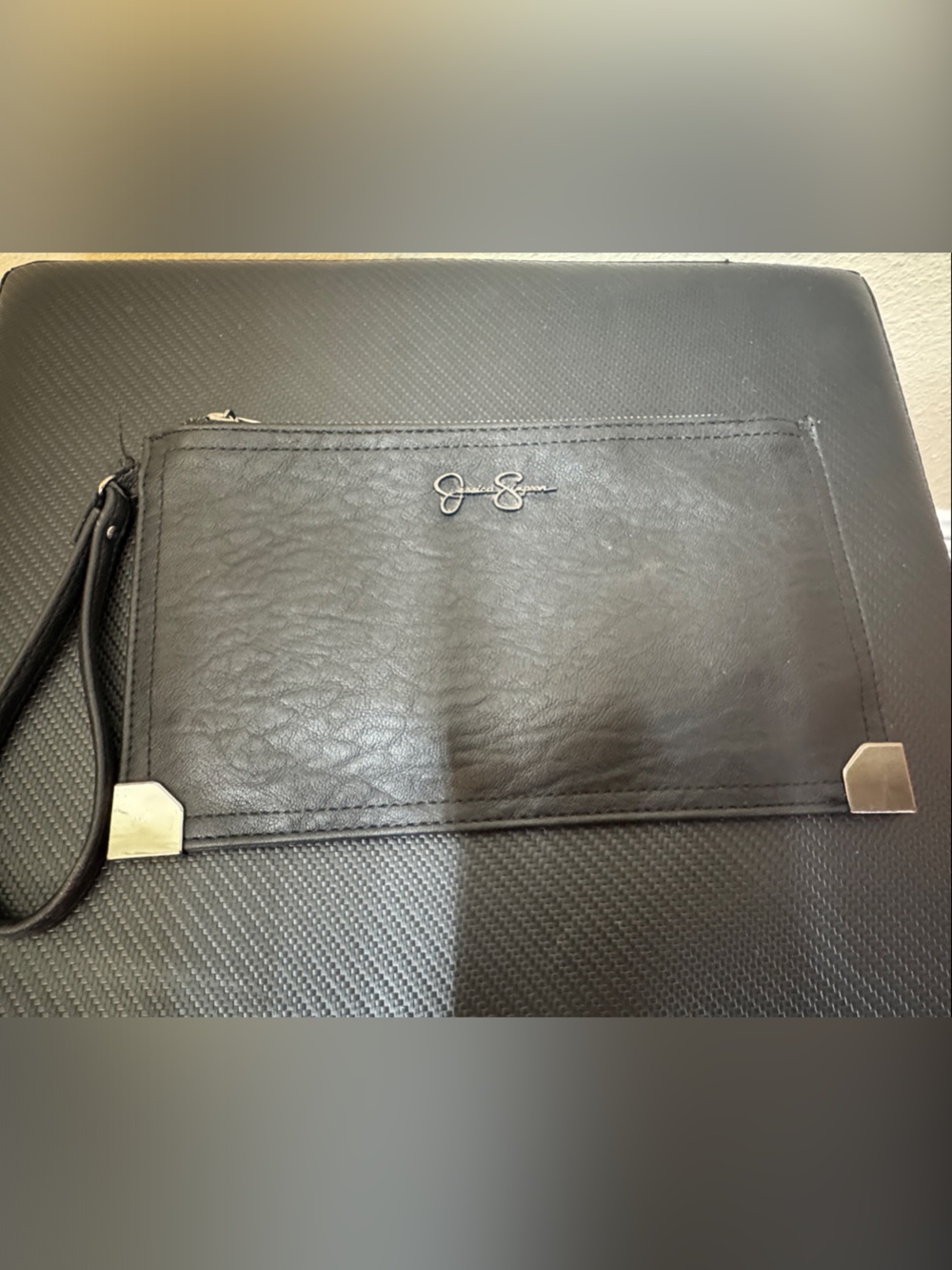 Jessica Simpson Black Leather Wristlet Clutch with Metal Corners